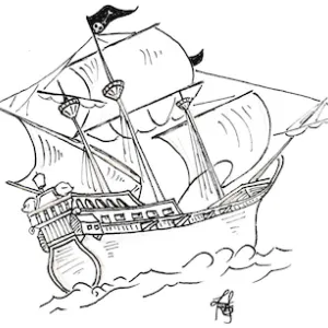 Drawing of a pirate ship sailing on the sea