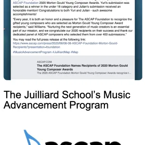 The Juilliard School MAP's ASCAP Competition Results Facebook Post