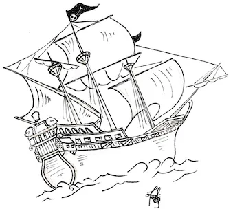 Drawing of a pirate ship sailing on the sea