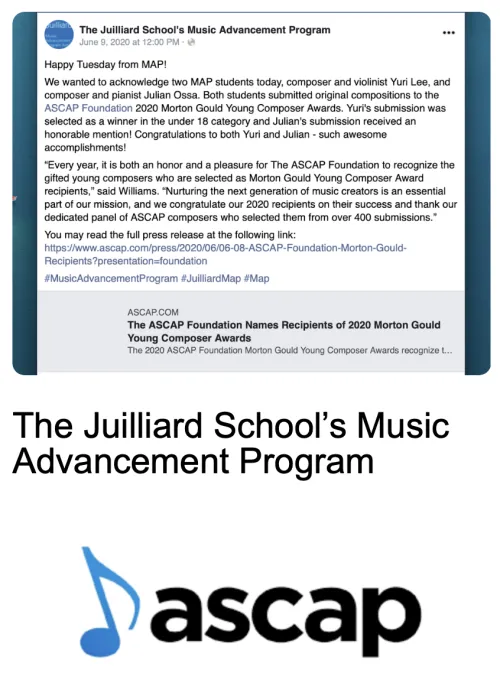 The Juilliard School MAP's ASCAP Competition Results Facebook Post
